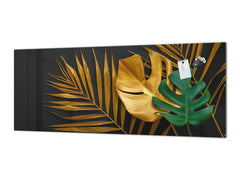 Stunning glass wall art - Wide format kitchen backsplash with and without metal back-coating - Tropical Leaves Series: Painted gold leaves