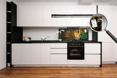 Stunning glass wall art - Wide format kitchen backsplash with and without metal back-coating - Tropical Leaves Series: Painted gold leaves