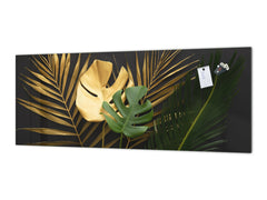 Stunning glass wall art - Wide format kitchen backsplash with and without metal back-coating - Tropical Leaves Series: Leave texture on black background