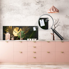 Stunning glass wall art - Wide format kitchen backsplash with and without metal back-coating - Tropical Leaves Series: Leave texture on black background