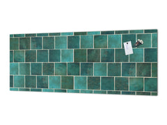 Toughened printed glass backsplash - Kitchen wall panel: Textures and tiles 1 Series Oxidized copper ornament: Green vintage ceramic tiles 1