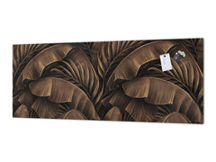 Stunning glass wall art - Wide format kitchen backsplash with and without metal back-coating - Tropical Leaves Series: Bronze banana leaves