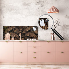 Stunning glass wall art - Wide format kitchen backsplash with and without metal back-coating - Tropical Leaves Series: Bronze banana leaves