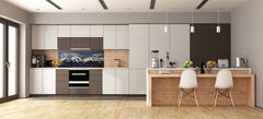 Wide-format glass kitchen panel with and w/o stainless steel metal back-coating: Pirin mountains in spring