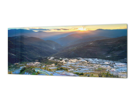 Wide-format glass kitchen panel with and w/o stainless steel metal back-coating: Yuanyang Rice Terrace, China