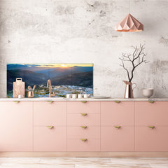 Wide-format glass kitchen panel with and w/o stainless steel metal back-coating: Yuanyang Rice Terrace, China