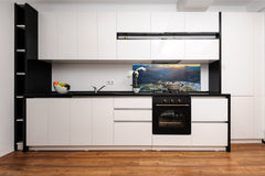 Wide-format glass kitchen panel with and w/o stainless steel metal back-coating: Yuanyang Rice Terrace, China