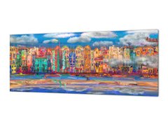 Wide-format glass kitchen panel with and w/o stainless steel metal back-coating: Town near the sea