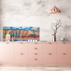 Wide-format glass kitchen panel with and w/o stainless steel metal back-coating: Town near the sea