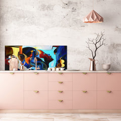 Wide-format glass kitchen panel with and w/o stainless steel metal back-coating: Stained human profiles