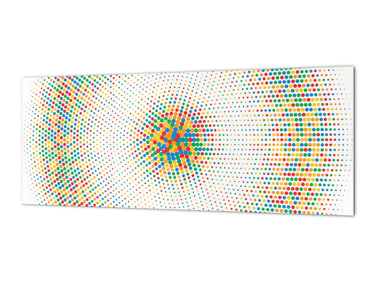Wide-format glass kitchen panel with and w/o stainless steel metal back-coating: Mixed circles pop art