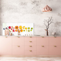 Wide-format glass kitchen panel with and w/o stainless steel metal back-coating: Creative fruit set