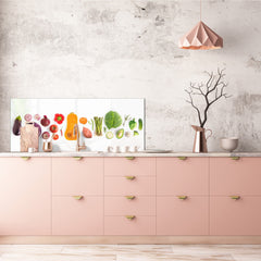 Wide-format glass kitchen panel with and w/o stainless steel metal back-coating: Creative veggie set