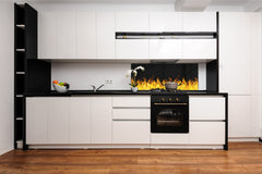 Wide-format glass kitchen panel with and w/o stainless steel metal back-coating: Fire flames