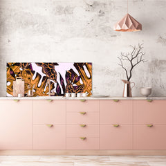 Glass kitchen panel with and w/o stainless steel back-coating: Tropical leaves