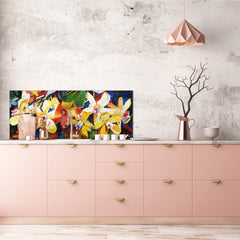 Glass backsplash w/ and w/o metal sheet backing with magnetic properties: Kandinsky flowers and buds