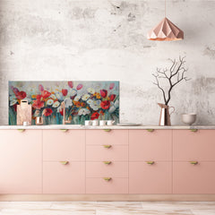 Glass backsplash w/ and w/o metal sheet backing with magnetic properties: Oil on canvas flowers