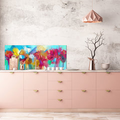 Glass backsplash w/ and w/o metal sheet backing with magnetic properties: Hand painted flowers