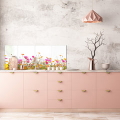 Glass backsplash w/ and w/o metal sheet backing with magnetic properties: Spring flower bed