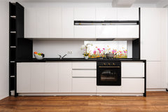 Glass backsplash w/ and w/o metal sheet backing with magnetic properties: Spring flower bed