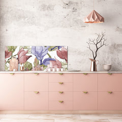 Glass backsplash w/ and w/o metal sheet backing with magnetic properties: Wildflower magnolia Aquarelle