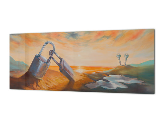 Glass backsplash w/ and w/o metal sheet backing with magnetic properties: Surrealistic Valentines Day