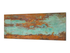 Glass backsplash w/ and w/o metal sheet backing with magnetic properties: Oxidated copper