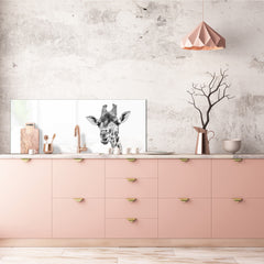 Glass backsplash w/ and w/o metal sheet backing with magnetic properties: black and white giraffe