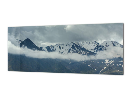 Large format horizontal backsplash - magnetic and non magnetic tempered glass: Rain clouds among the peaks