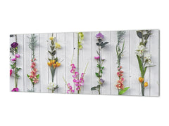 Glass splashback with metal backing - Kitchen glass panel: White wooden flower deco