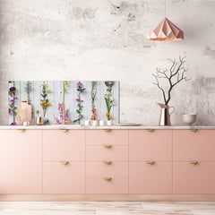 Glass splashback with metal backing - Kitchen glass panel: White wooden flower deco