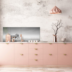 Stunning glass wall art - Wide format backsplash with magnetic properties: Elefant with zebra in Etosha