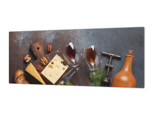 Stunning glass wall art - Wide format backsplash with magnetic properties: Wine, nuts and cheese