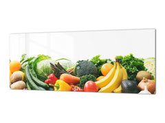 Wide-format tempered glass kitchen wall panel with metal backing - and without: Fruits and veggies on white