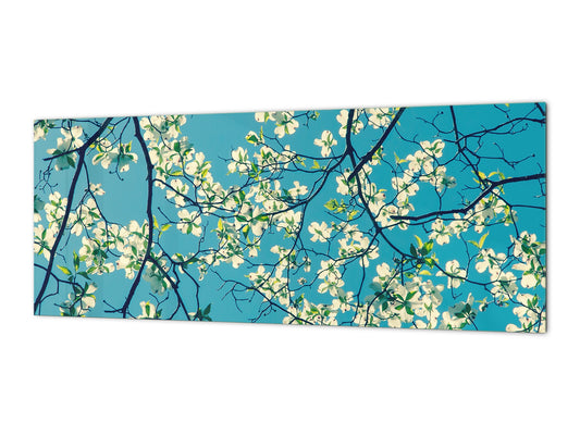 Wide-format tempered glass kitchen wall panel with metal backing - and without: Dogwood tree blossom