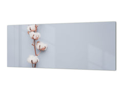 Wide-format tempered glass kitchen wall panel with metal backing - and without: Cotton flower