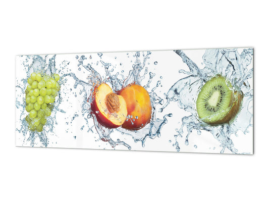 Toughened printed glass backsplash - Wideformat steel coated wall glass splashback: 3D Water splash Fruits