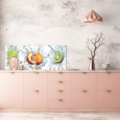 Toughened printed glass backsplash - Wideformat steel coated wall glass splashback: 3D Water splash Fruits