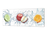 Spritzschutz aus gehärtetem, bedrucktem Glas – Breitformatige, stahlbeschichtete Glasrückwand: 3D-Wasserspritzer „Früchte 2“
