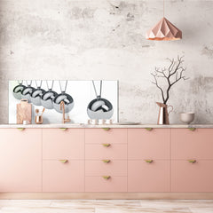 Stunning glass wall art - Wide format backsplash with magnetic properties: Metal Newton's cradle