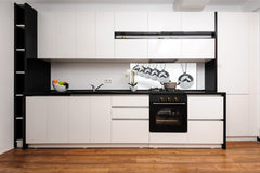 Stunning glass wall art - Wide format backsplash with magnetic properties: Metal Newton's cradle