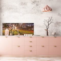 Stunning glass wall art - Wide format backsplash with magnetic properties: Sunny Landscape Of Trees