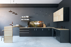 Stunning glass wall art - Wide format backsplash with magnetic properties: Mountain Misty Valley