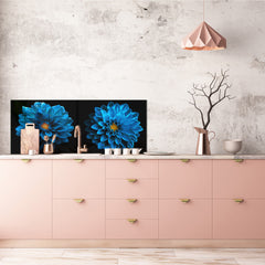 Glass kitchen panel with and w/o stainless steel back-coating: Blue dahlia flowers