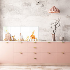 Glass kitchen panel with and w/o stainless steel back-coating: Orange flames