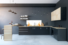 Glass kitchen panel with and w/o stainless steel back-coating: Orange flames