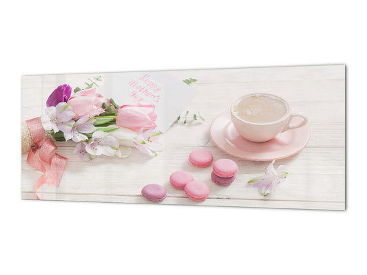 Glass kitchen panel with and w/o stainless steel back-coating: Tulips and cup of coffee