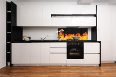 Glass kitchen panel with and w/o stainless steel back-coating: Fire flames collection