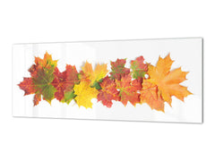Glass kitchen panel with and w/o stainless steel back-coating: Autumn leaves on white