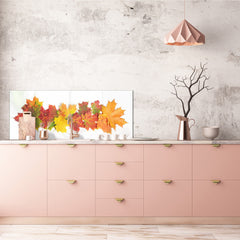 Glass kitchen panel with and w/o stainless steel back-coating: Autumn leaves on white